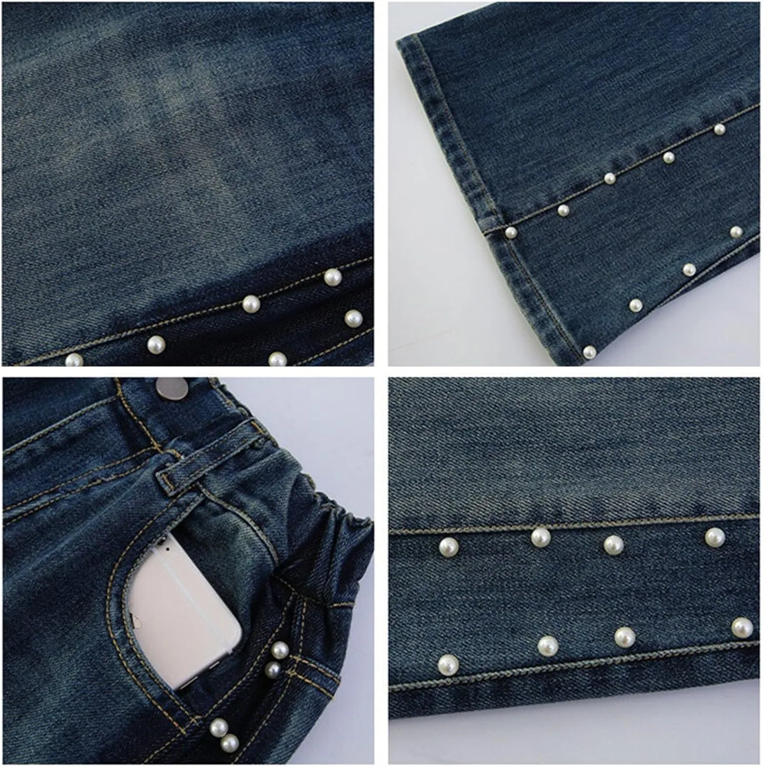 Kids Girls High Waist Baggy Jeans Teens Elastic Distressed Washed Solid Color Loose Fit Pearl Decor Loose Fit Jeans