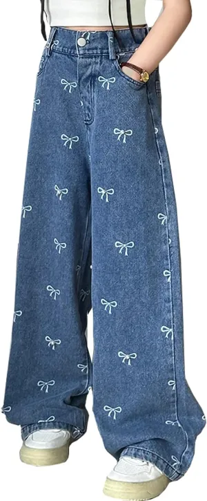 Kids Girls Ripped Distressed Washed Baggy Wide Leg Casual Jeans Size 5-14 yrs