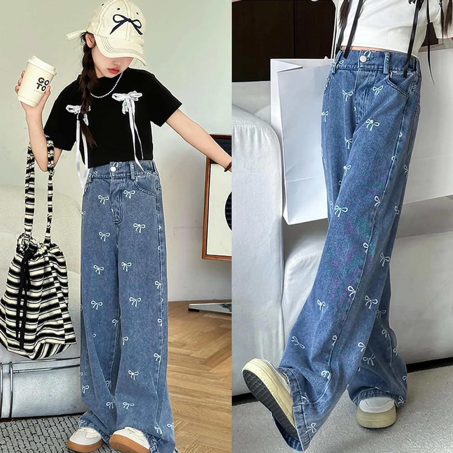 Kids Girls Ripped Distressed Washed Baggy Wide Leg Casual Jeans Size 5-14 yrs