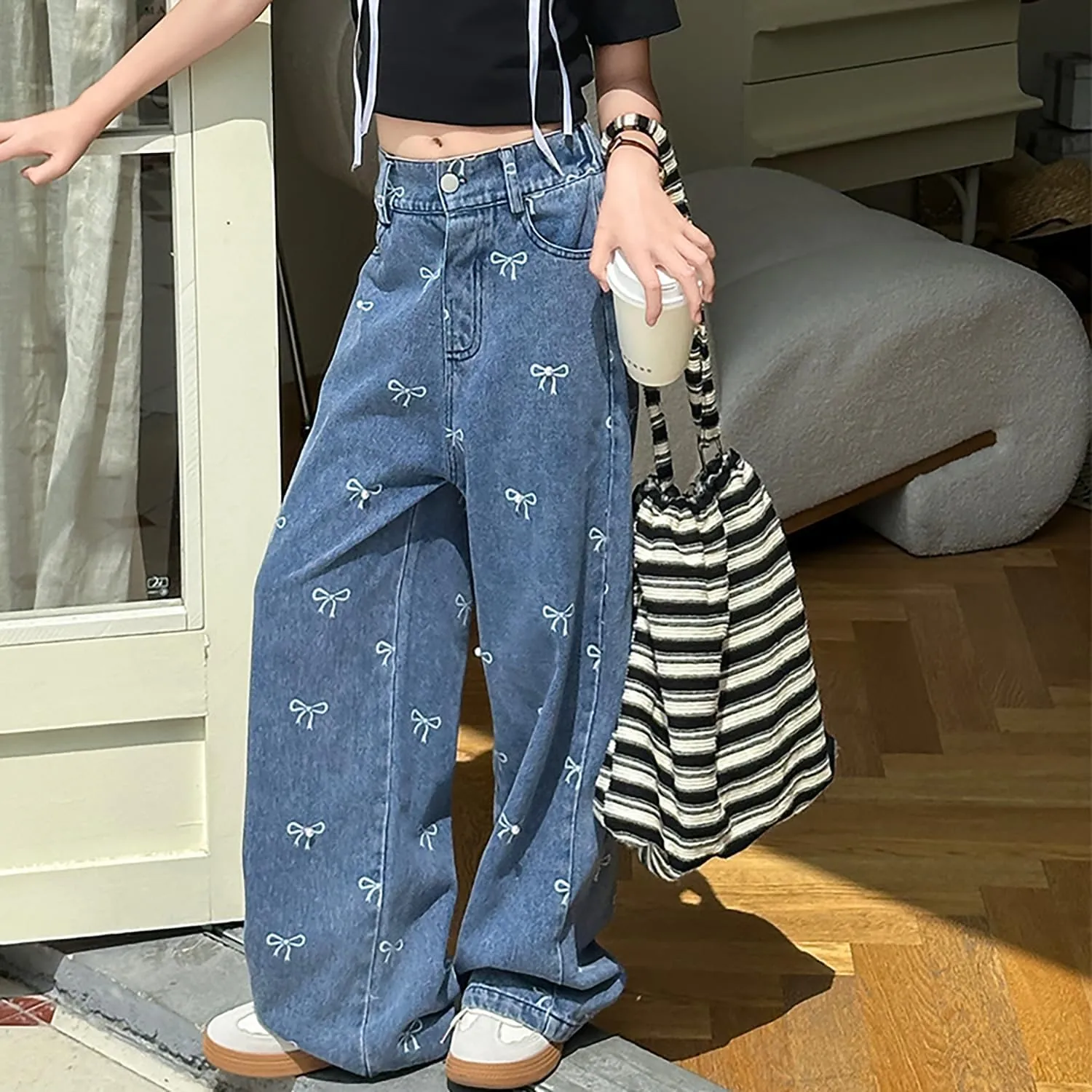 Kids Girls Ripped Distressed Washed Baggy Wide Leg Casual Jeans Size 5-14 yrs