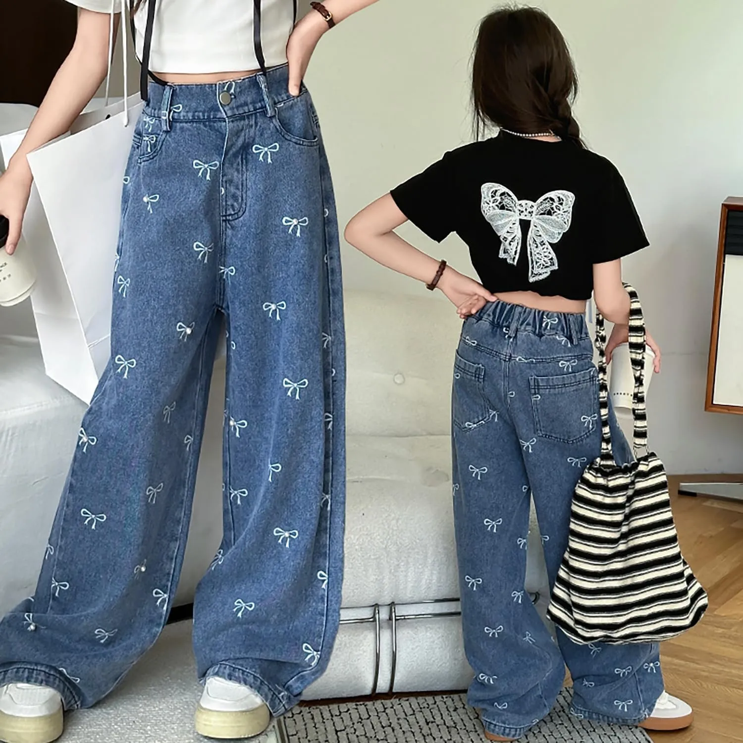 Kids Girls Ripped Distressed Washed Baggy Wide Leg Casual Jeans Size 5-14 yrs