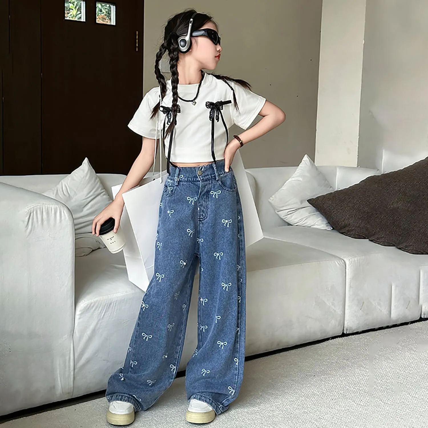Kids Girls Ripped Distressed Washed Baggy Wide Leg Casual Jeans Size 5-14 yrs