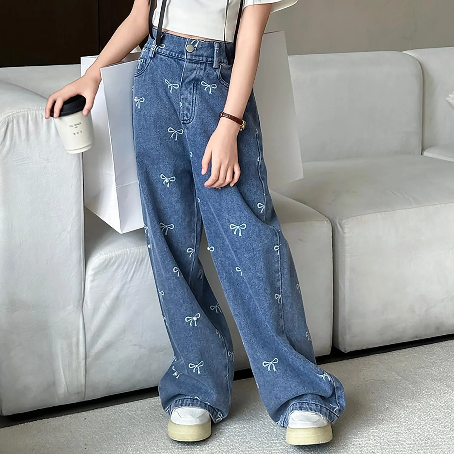Kids Girls Ripped Distressed Washed Baggy Wide Leg Casual Jeans Size 5-14 yrs