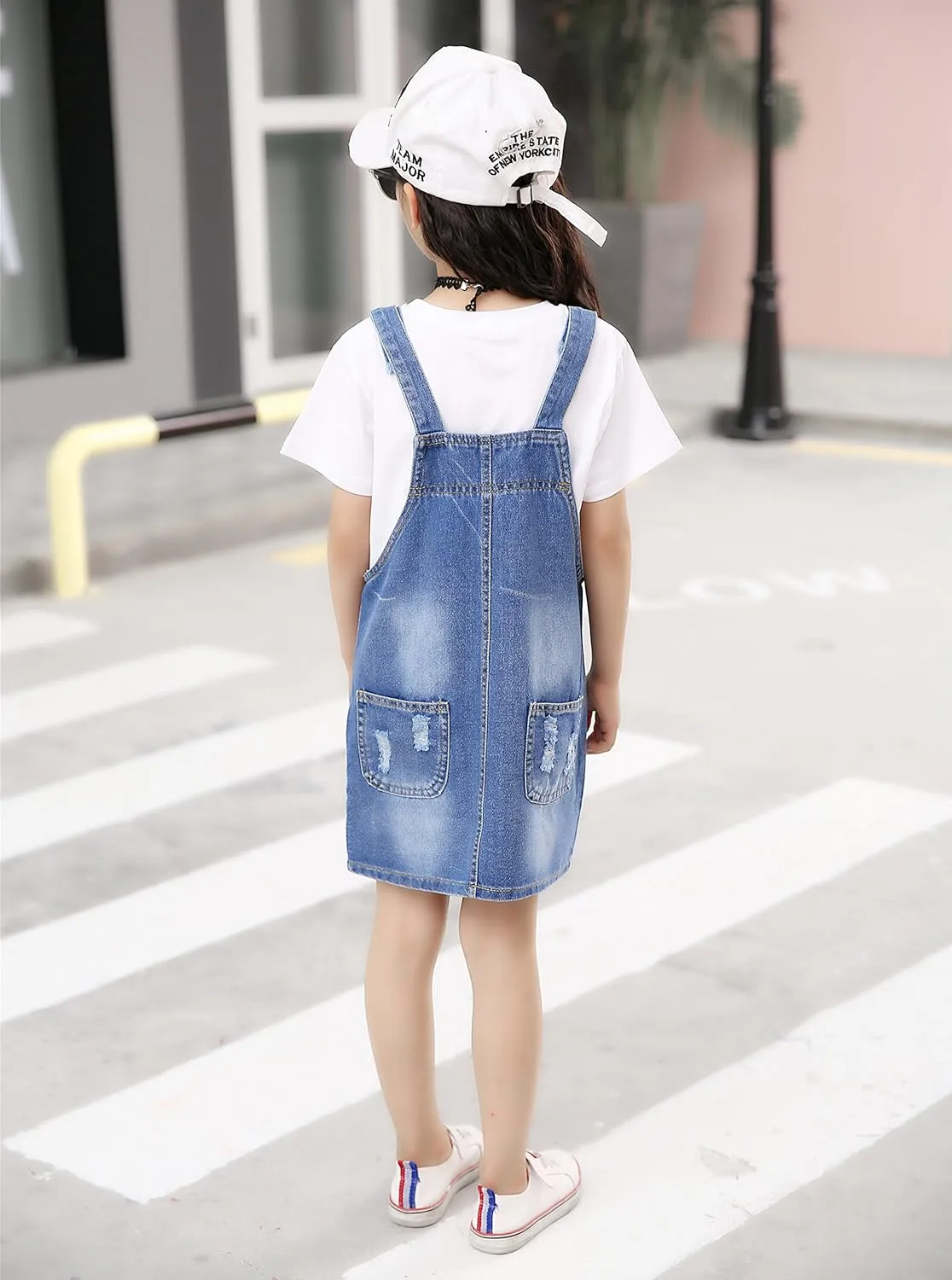 KIDSCOOL SPACE Girls Denim Overall Dress,Ripped Jeans Jumper