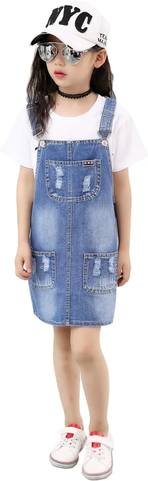 KIDSCOOL SPACE Girls Denim Overall Dress,Ripped Jeans Jumper