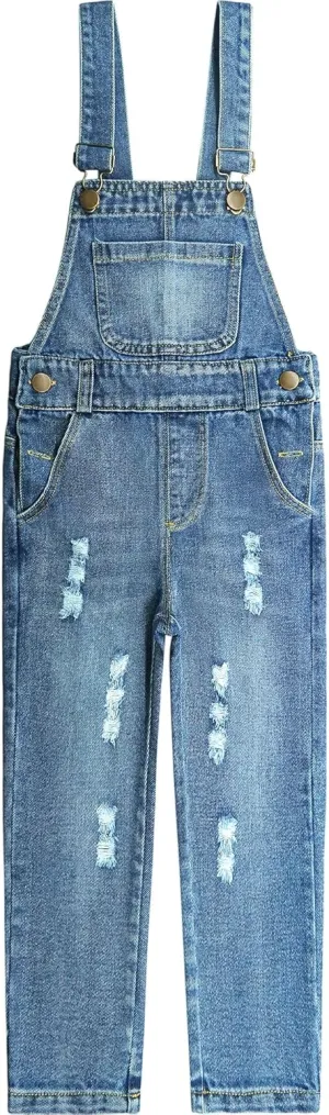 KIDSCOOL SPACE Girls Denim Overalls, Elastic Waistband Inside Washed Ripped Holes Jeans Jumpsuit