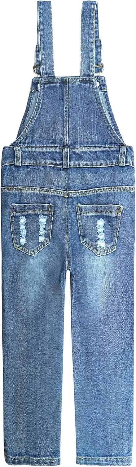 KIDSCOOL SPACE Girls Denim Overalls, Elastic Waistband Inside Washed Ripped Holes Jeans Jumpsuit
