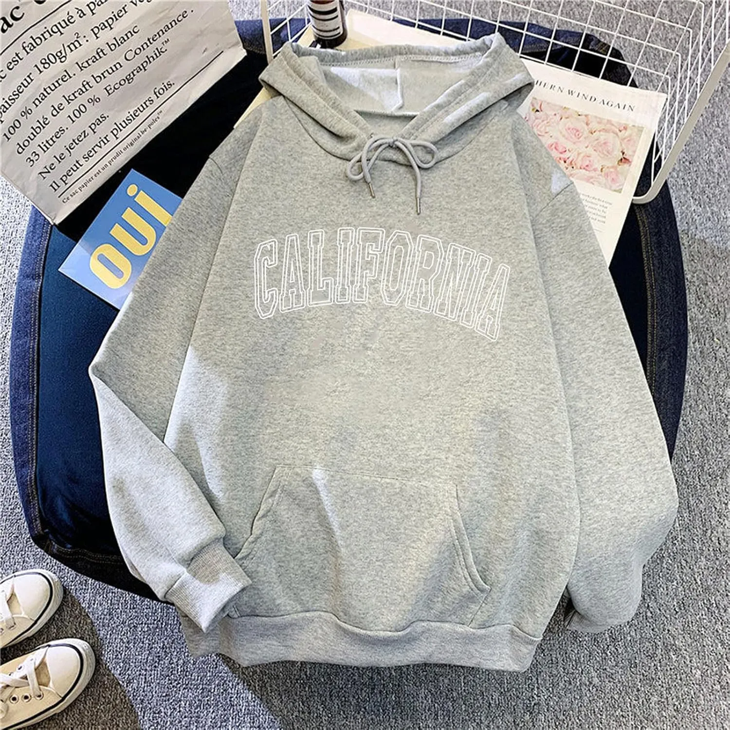 Letter Graphic Print Hoodies for Women Oversized Hooded Sweatshirt Pullover Fall Casual Long Sleeve Blouse Tops