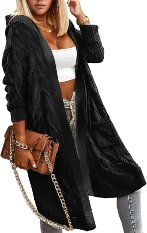 Lightweight Hooded Open Front Cardigan for Women Cable Knit Sweaters Pocketed Oversized Knee Length Long Coats