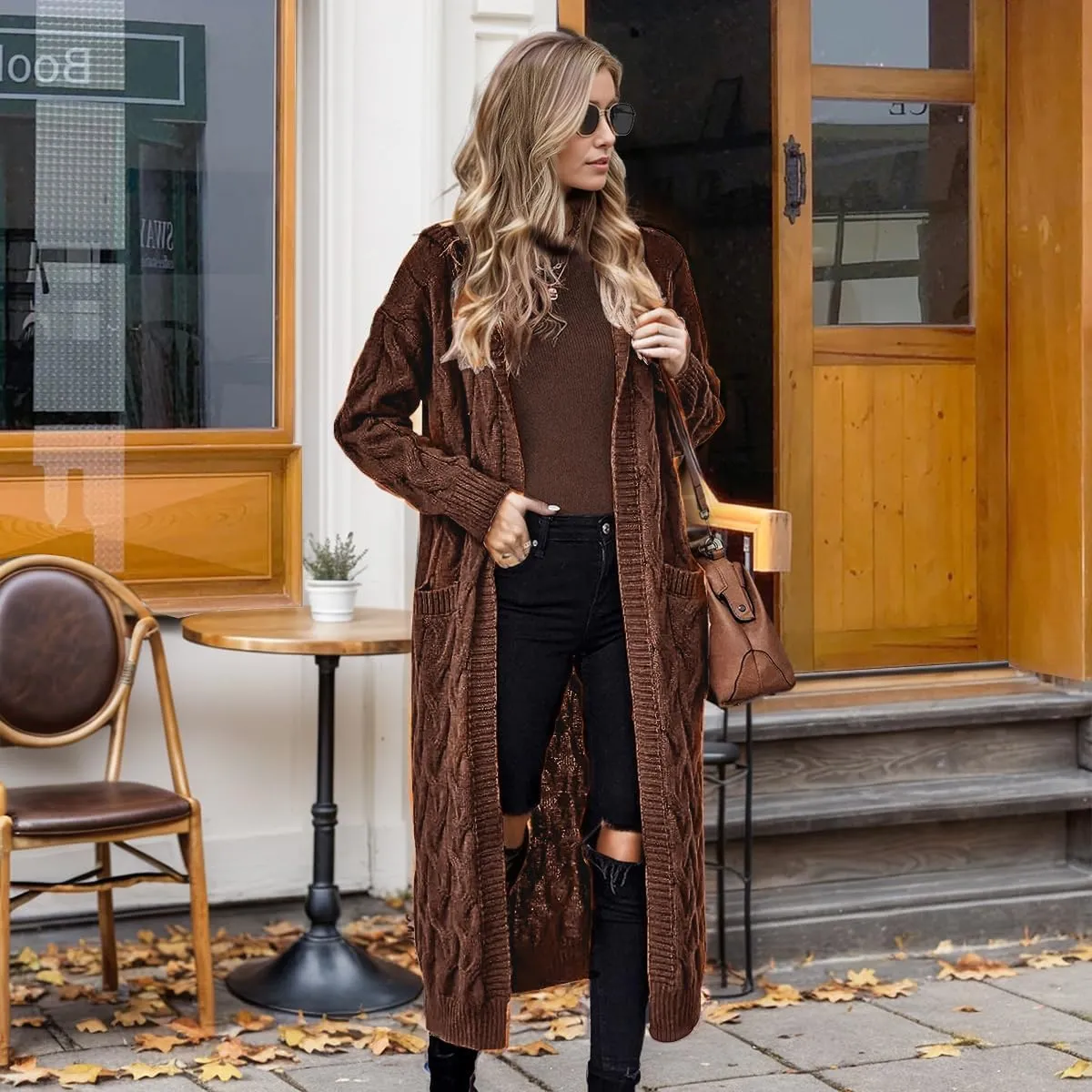 Lightweight Hooded Open Front Cardigan for Women Cable Knit Sweaters Pocketed Oversized Knee Length Long Coats