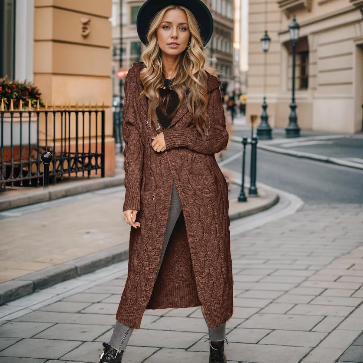 Lightweight Hooded Open Front Cardigan for Women Cable Knit Sweaters Pocketed Oversized Knee Length Long Coats