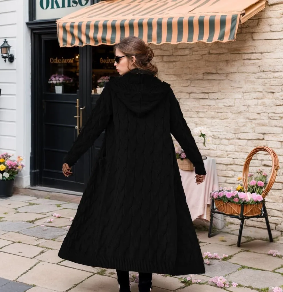 Lightweight Hooded Open Front Cardigan for Women Cable Knit Sweaters Pocketed Oversized Knee Length Long Coats