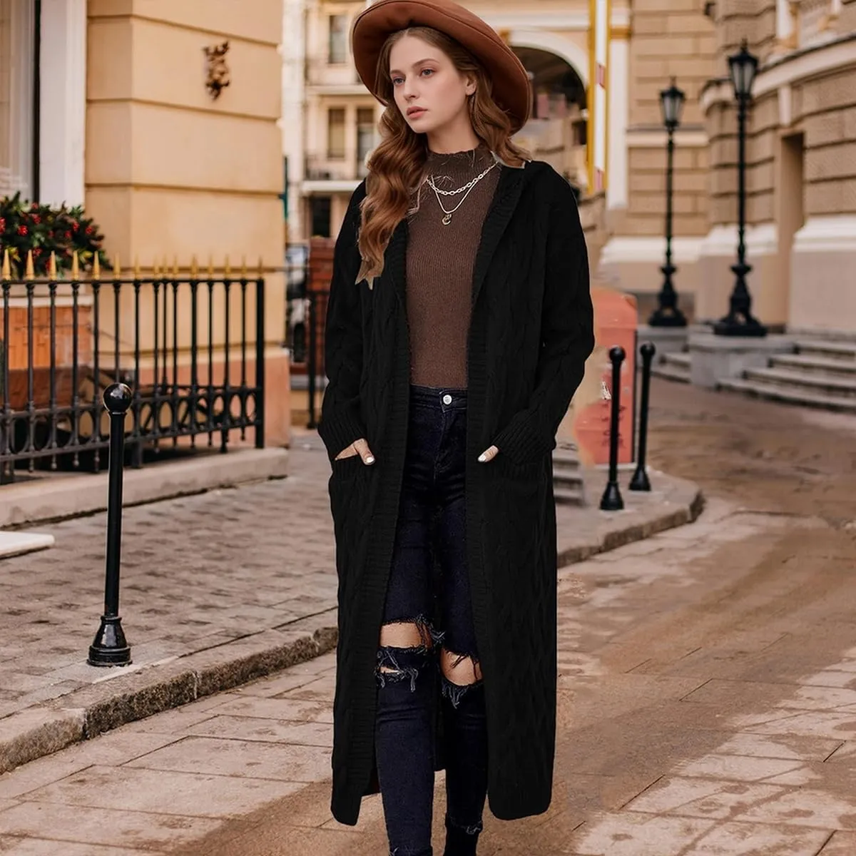 Lightweight Hooded Open Front Cardigan for Women Cable Knit Sweaters Pocketed Oversized Knee Length Long Coats