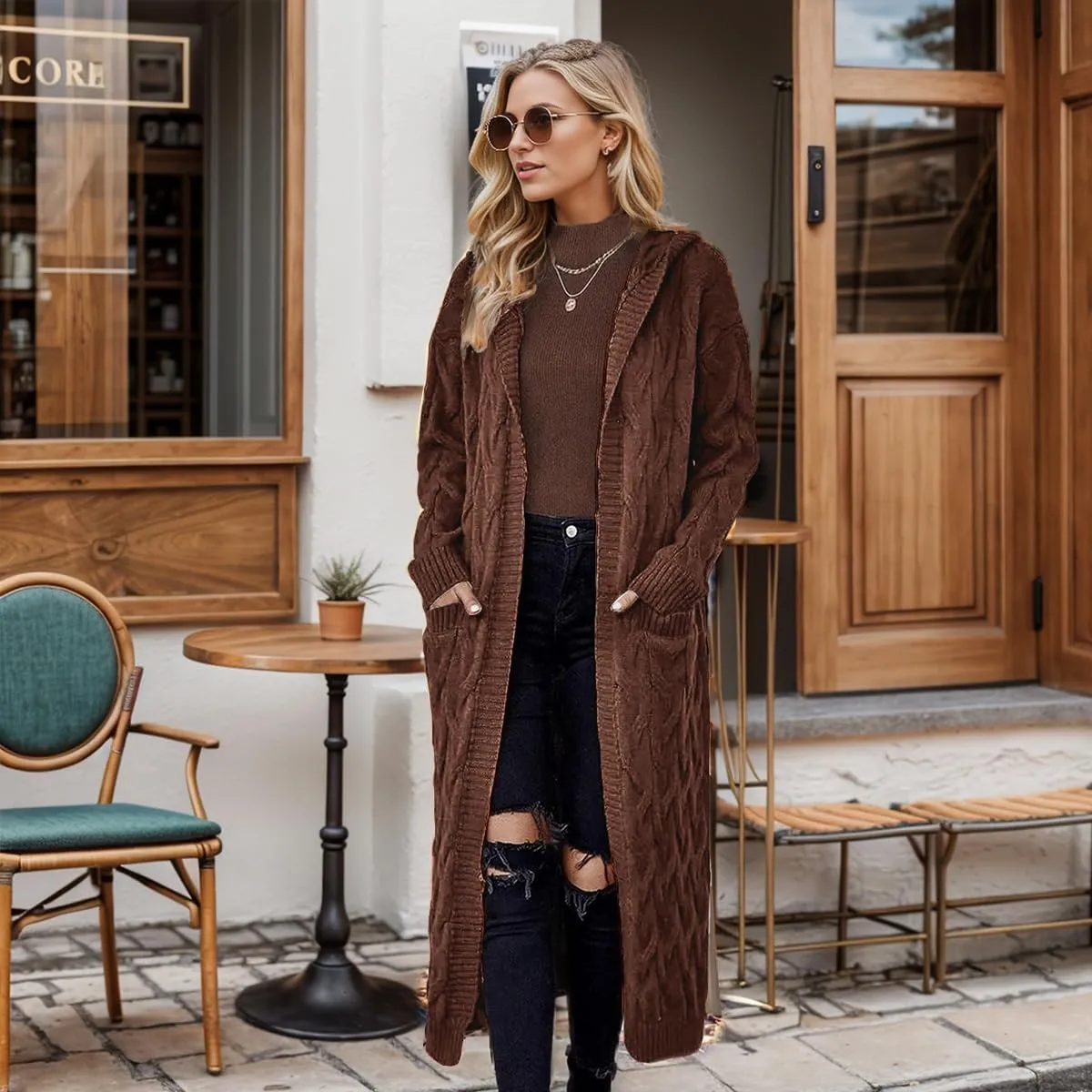 Lightweight Hooded Open Front Cardigan for Women Cable Knit Sweaters Pocketed Oversized Knee Length Long Coats