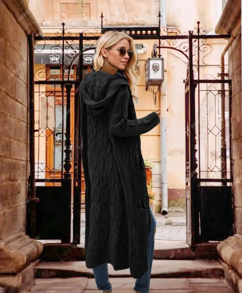 Lightweight Hooded Open Front Cardigan for Women Cable Knit Sweaters Pocketed Oversized Knee Length Long Coats
