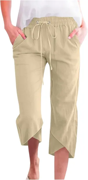 Linen Capri Pants for Women Lightweight Casual Elastic Waist Linen Pant Drawstring 2025 Summer Pants with Pockets