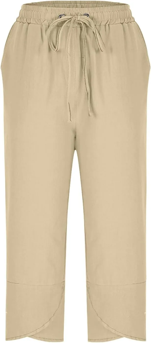 Linen Capri Pants for Women Lightweight Casual Elastic Waist Linen Pant Drawstring 2025 Summer Pants with Pockets