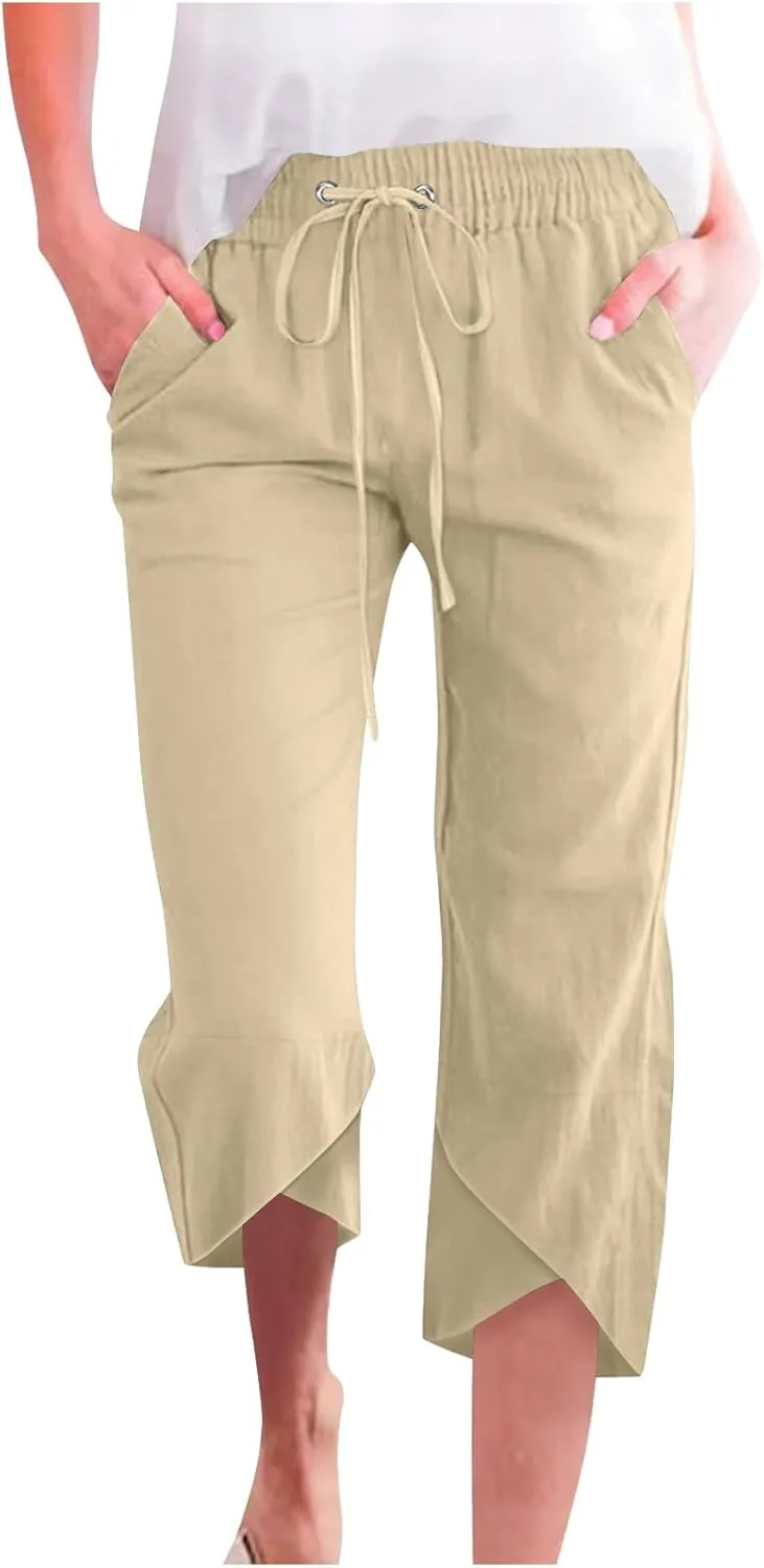 Linen Capri Pants for Women Lightweight Casual Elastic Waist Linen Pant Drawstring 2025 Summer Pants with Pockets
