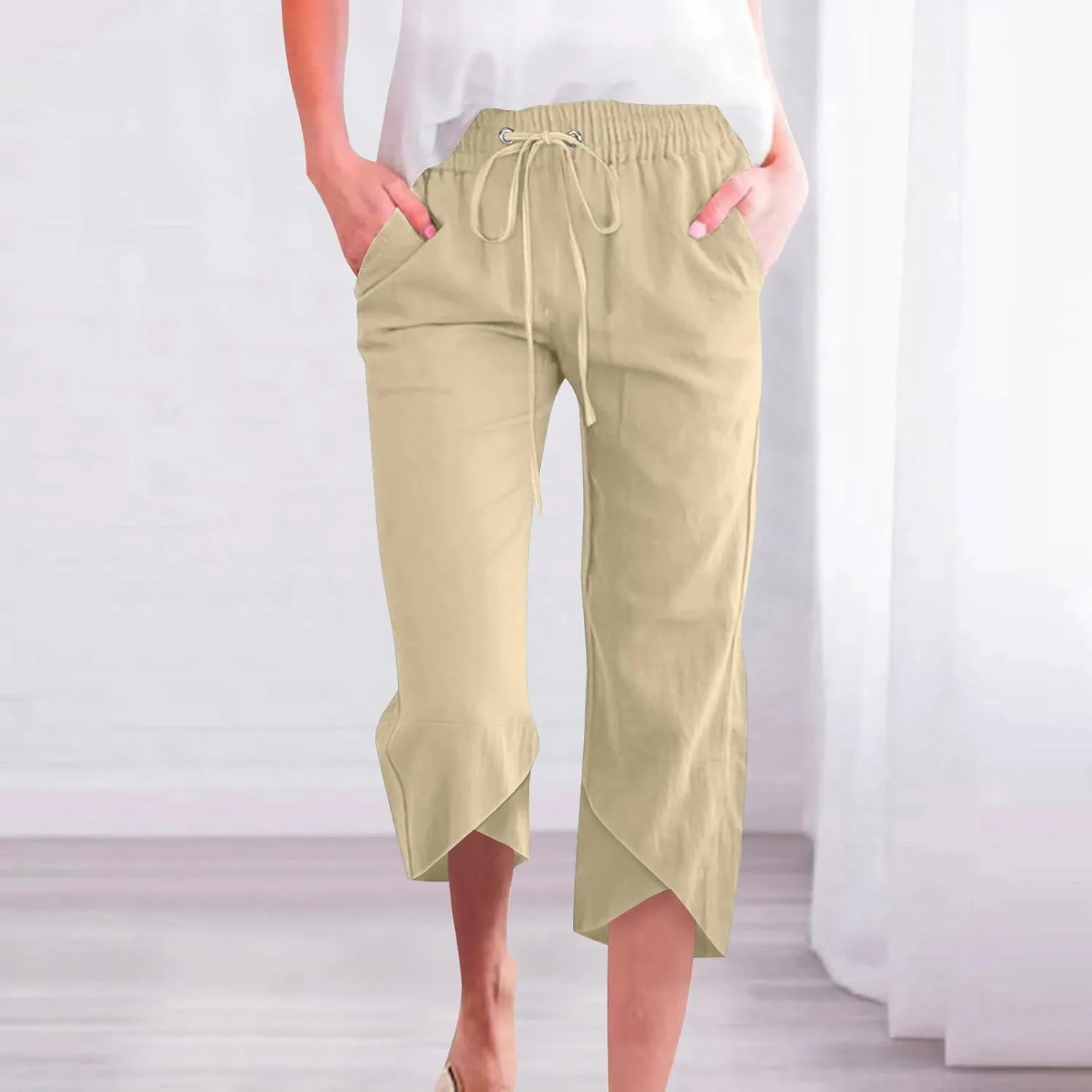 Linen Capri Pants for Women Lightweight Casual Elastic Waist Linen Pant Drawstring 2025 Summer Pants with Pockets