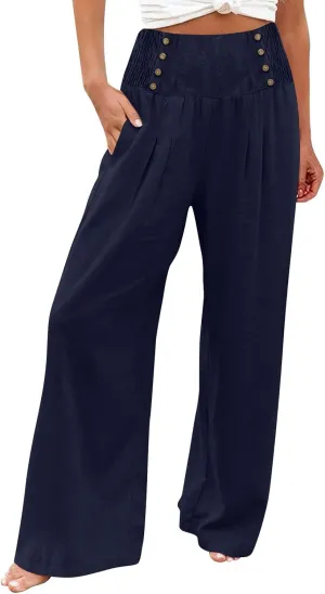 Linen Pants for Women Summer High Waisted Cotton Linen Palazzo Pants Wide Leg Long Lounge Pant Trousers with Pockets
