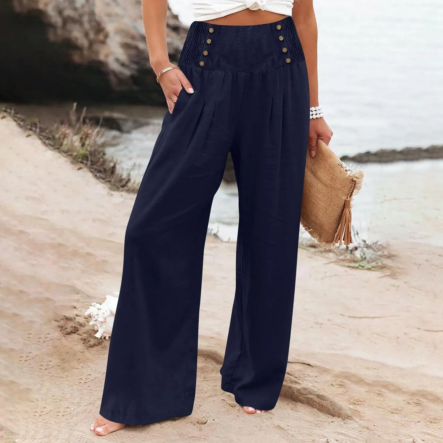 Linen Pants for Women Summer High Waisted Cotton Linen Palazzo Pants Wide Leg Long Lounge Pant Trousers with Pockets