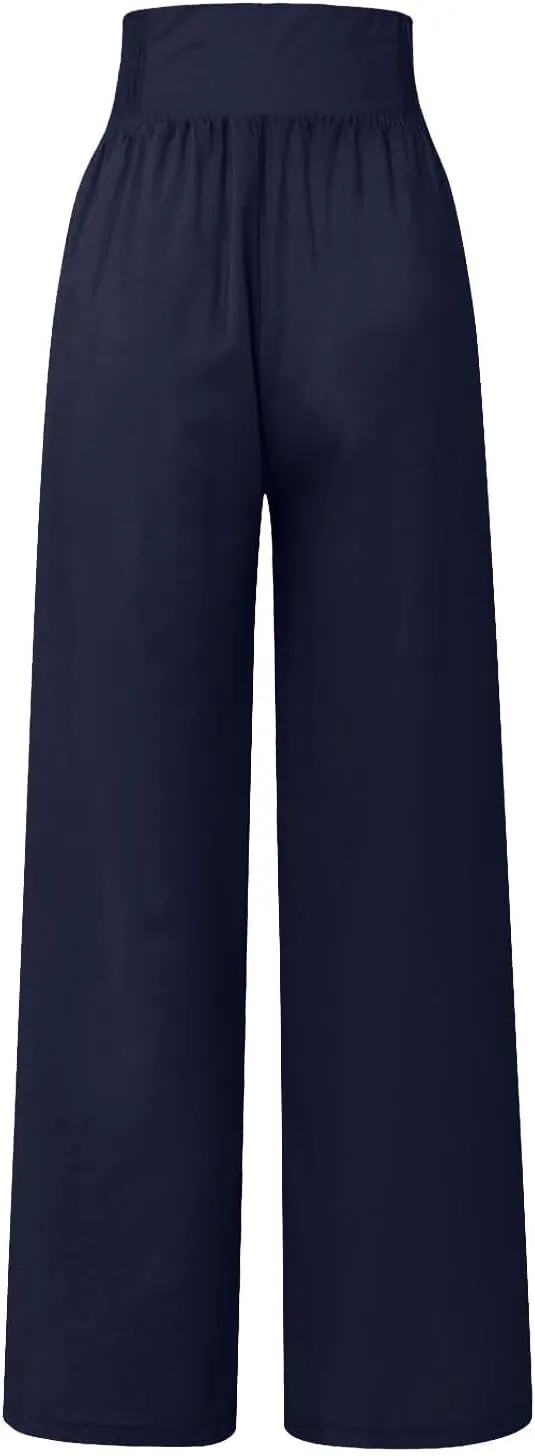 Linen Pants for Women Summer High Waisted Cotton Linen Palazzo Pants Wide Leg Long Lounge Pant Trousers with Pockets
