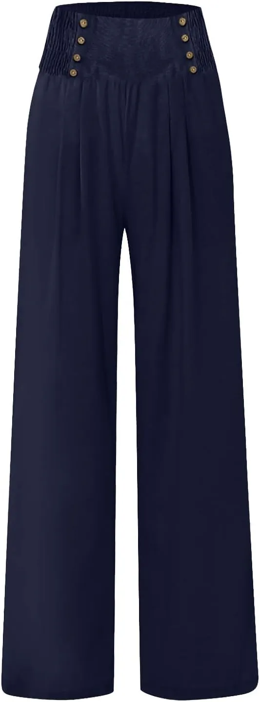Linen Pants for Women Summer High Waisted Cotton Linen Palazzo Pants Wide Leg Long Lounge Pant Trousers with Pockets