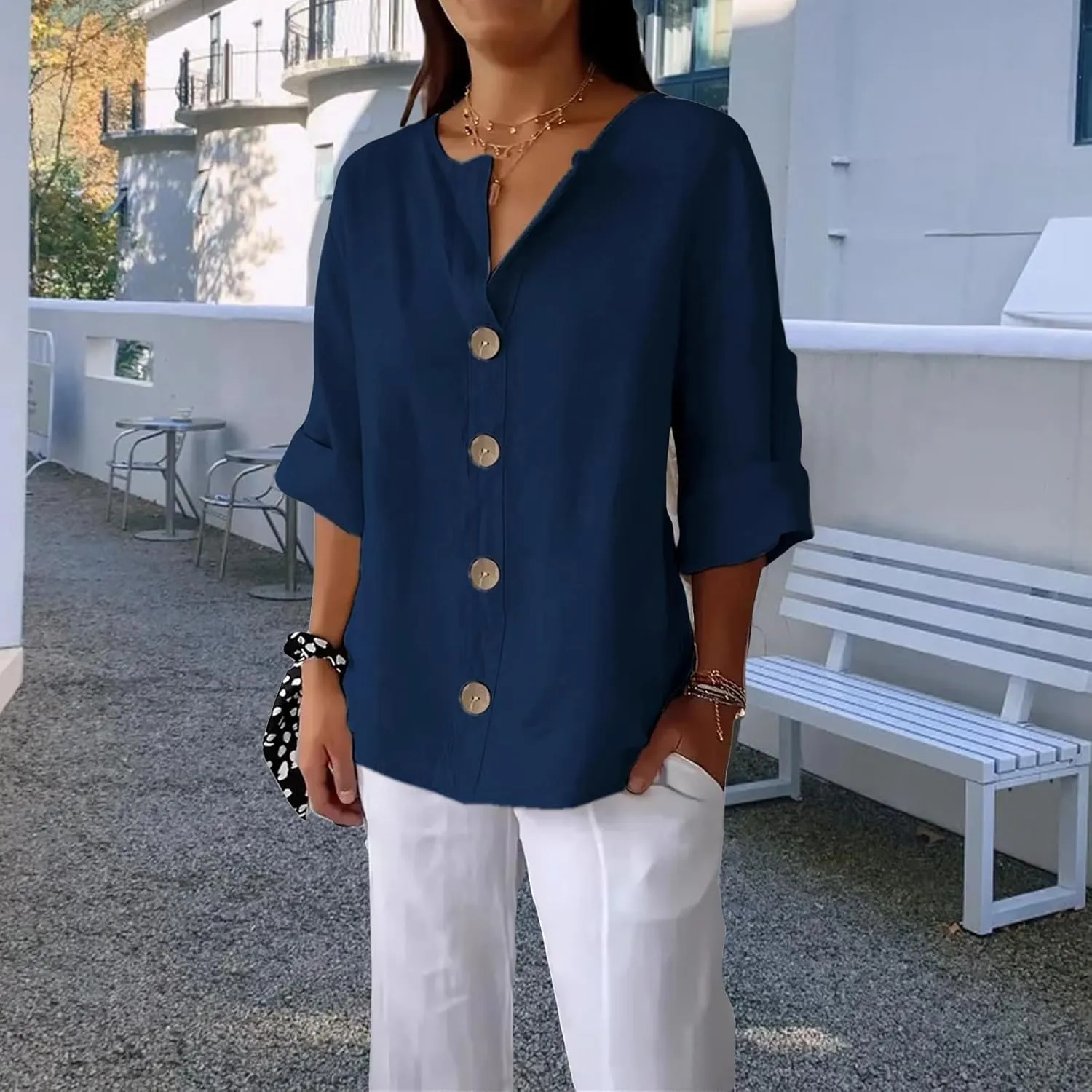 Linen Shirts for Women 3/4 Length Sleeve Tops Crew Neck Button Down T-Shirts Casual Basic Tee Loose Fit Blouses