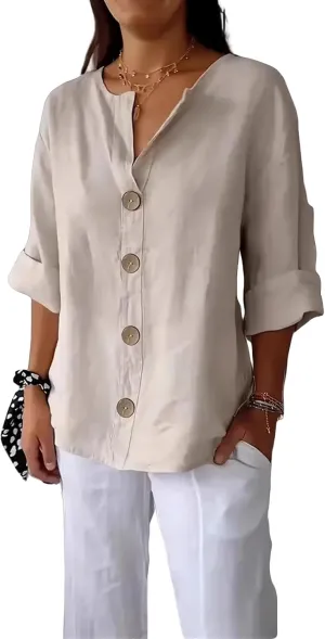 Linen Shirts for Women 3/4 Length Sleeve Tops Crew Neck Button Down T-Shirts Casual Basic Tee Loose Fit Blouses