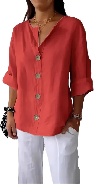 Linen Shirts for Women 3/4 Length Sleeve Tops Crew Neck Button Down T-Shirts Casual Basic Tee Loose Fit Blouses
