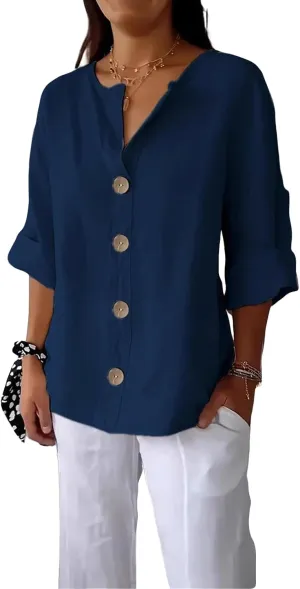 Linen Shirts for Women 3/4 Length Sleeve Tops Crew Neck Button Down T-Shirts Casual Basic Tee Loose Fit Blouses