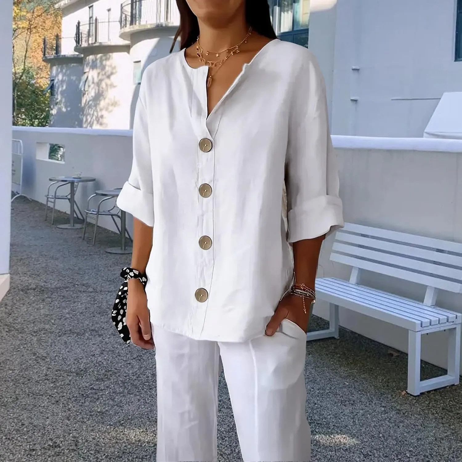 Linen Shirts for Women 3/4 Length Sleeve Tops Crew Neck Button Down T-Shirts Casual Basic Tee Loose Fit Blouses