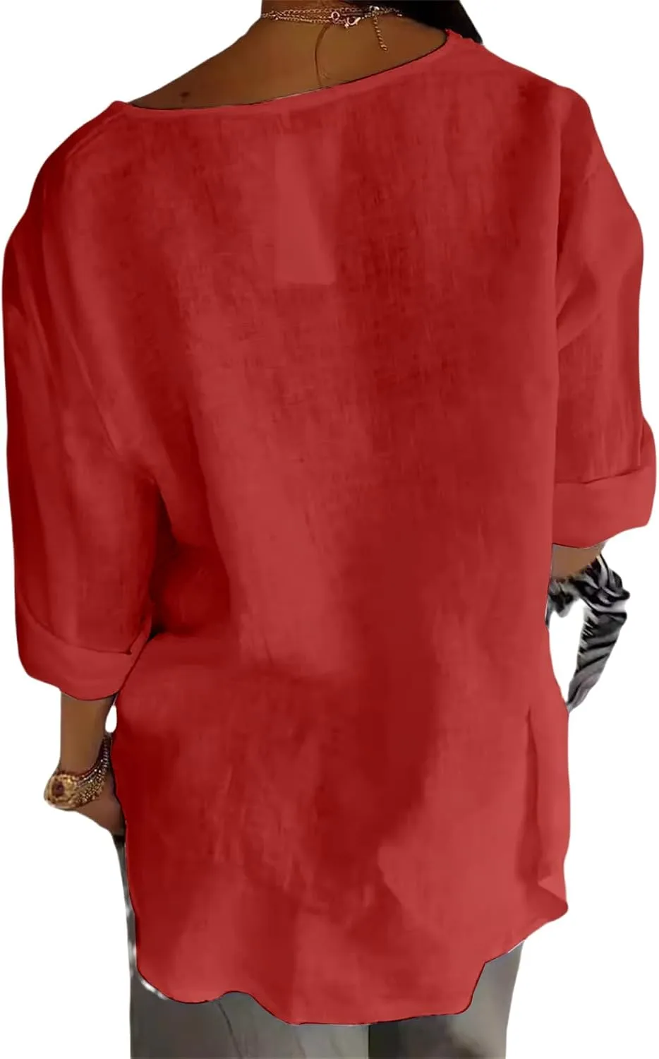 Linen Shirts for Women 3/4 Length Sleeve Tops Crew Neck Button Down T-Shirts Casual Basic Tee Loose Fit Blouses