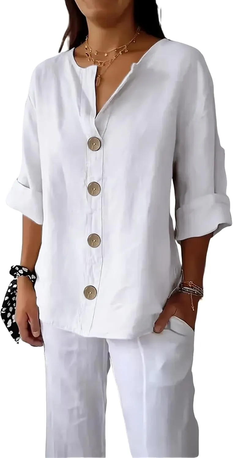 Linen Shirts for Women 3/4 Length Sleeve Tops Crew Neck Button Down T-Shirts Casual Basic Tee Loose Fit Blouses