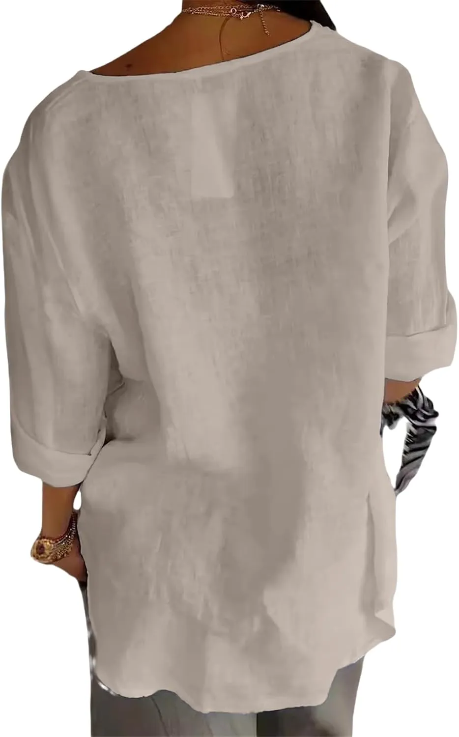 Linen Shirts for Women 3/4 Length Sleeve Tops Crew Neck Button Down T-Shirts Casual Basic Tee Loose Fit Blouses