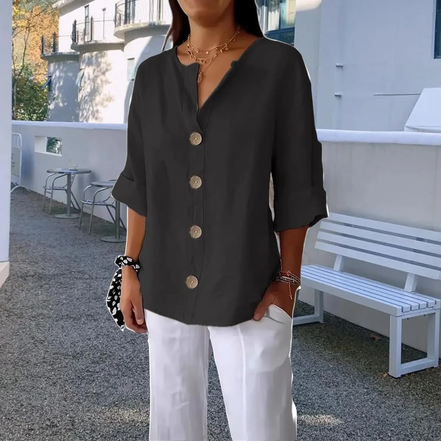 Linen Shirts for Women 3/4 Length Sleeve Tops Crew Neck Button Down T-Shirts Casual Basic Tee Loose Fit Blouses