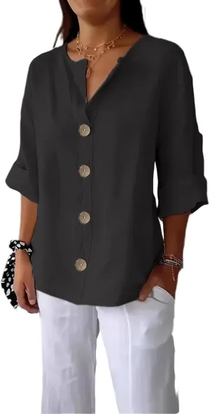 Linen Shirts for Women 3/4 Length Sleeve Tops Crew Neck Button Down T-Shirts Casual Basic Tee Loose Fit Blouses