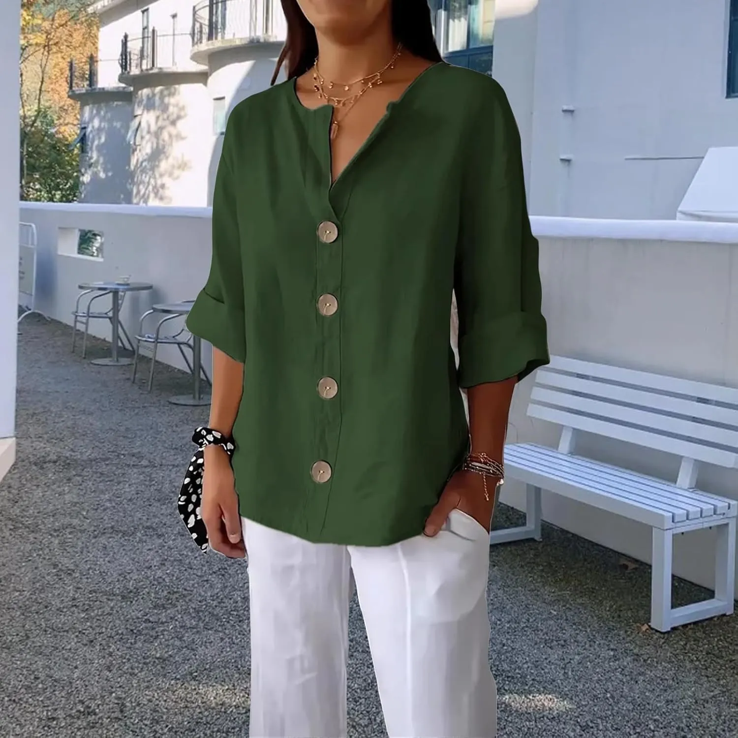 Linen Shirts for Women 3/4 Length Sleeve Tops Crew Neck Button Down T-Shirts Casual Basic Tee Loose Fit Blouses