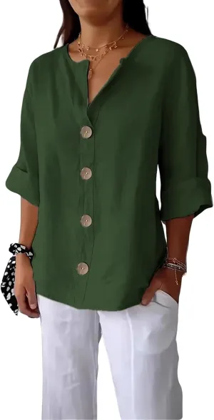 Linen Shirts for Women 3/4 Length Sleeve Tops Crew Neck Button Down T-Shirts Casual Basic Tee Loose Fit Blouses