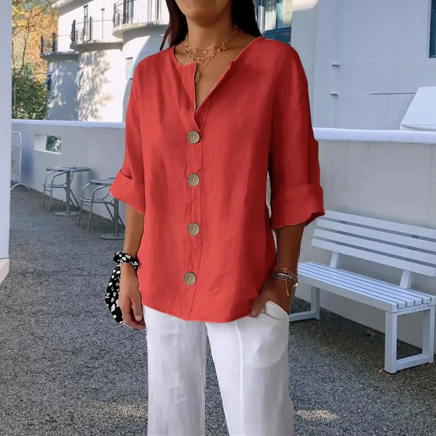 Linen Shirts for Women 3/4 Length Sleeve Tops Crew Neck Button Down T-Shirts Casual Basic Tee Loose Fit Blouses