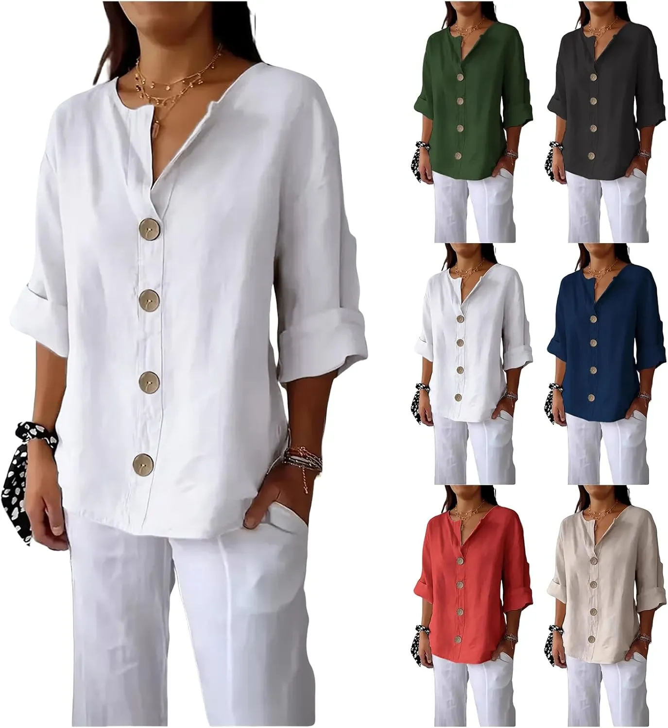 Linen Shirts for Women 3/4 Length Sleeve Tops Crew Neck Button Down T-Shirts Casual Basic Tee Loose Fit Blouses