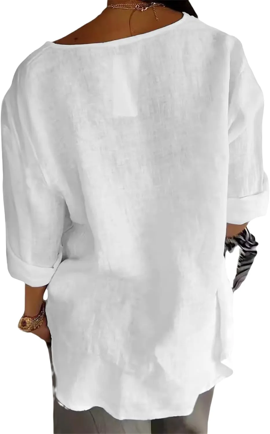 Linen Shirts for Women 3/4 Length Sleeve Tops Crew Neck Button Down T-Shirts Casual Basic Tee Loose Fit Blouses