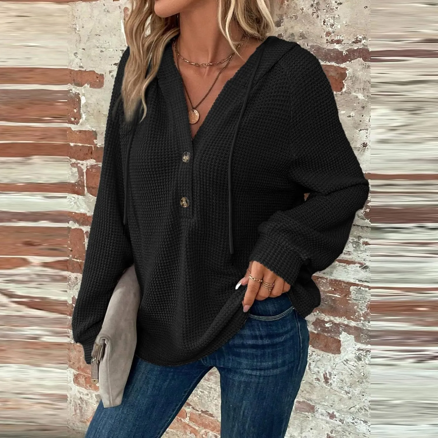 Long Sleeve Shirts for Women Waffle Knit Tunic Sweater Tops Casual Button Down Blouses Top Soft Hooded Sweatshirts