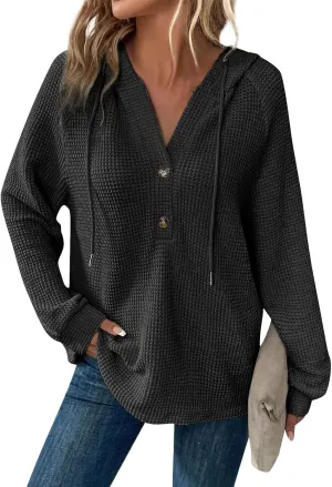 Long Sleeve Shirts for Women Waffle Knit Tunic Sweater Tops Casual Button Down Blouses Top Soft Hooded Sweatshirts