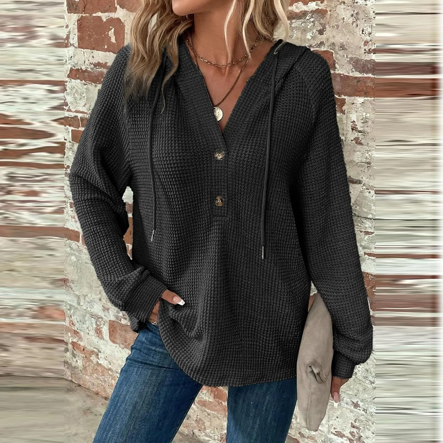 Long Sleeve Shirts for Women Waffle Knit Tunic Sweater Tops Casual Button Down Blouses Top Soft Hooded Sweatshirts