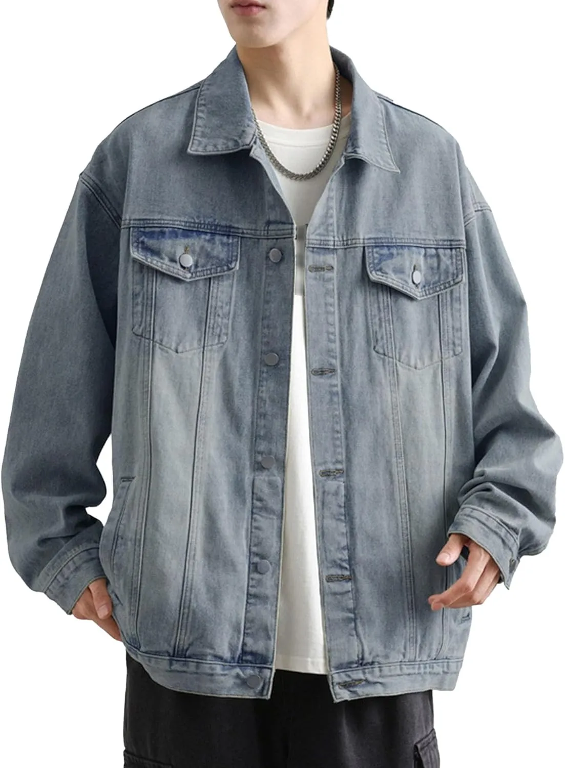Maiyifu-GJ Men's Loose Denim Jacket Washed Distressed Denim Coat Casual Lapel Washed Button Down Trucker Jacket