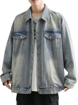 Maiyifu-GJ Men's Loose Denim Jacket Washed Distressed Denim Coat Casual Lapel Washed Button Down Trucker Jacket