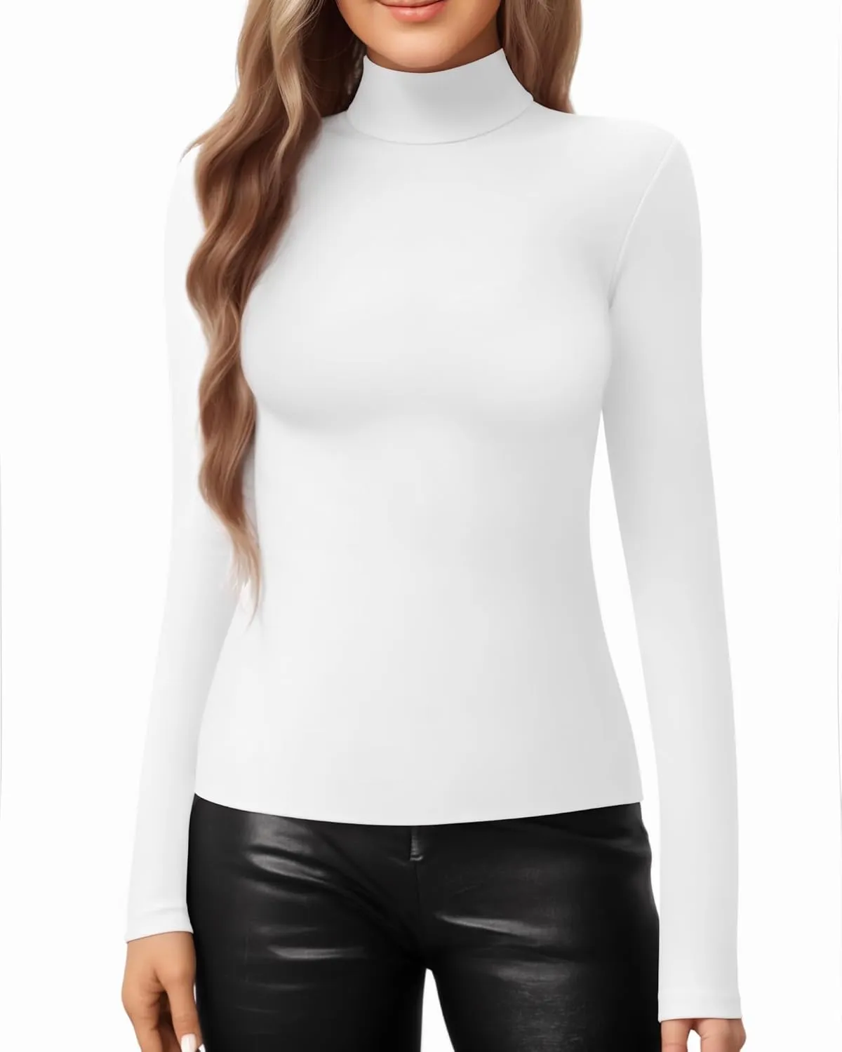 MANGOPOP Women's Mock Turtle Neck Slim Fit Half Elbow Short 3/4 Short Long Sleeve T Shirts Tight Tops Tee