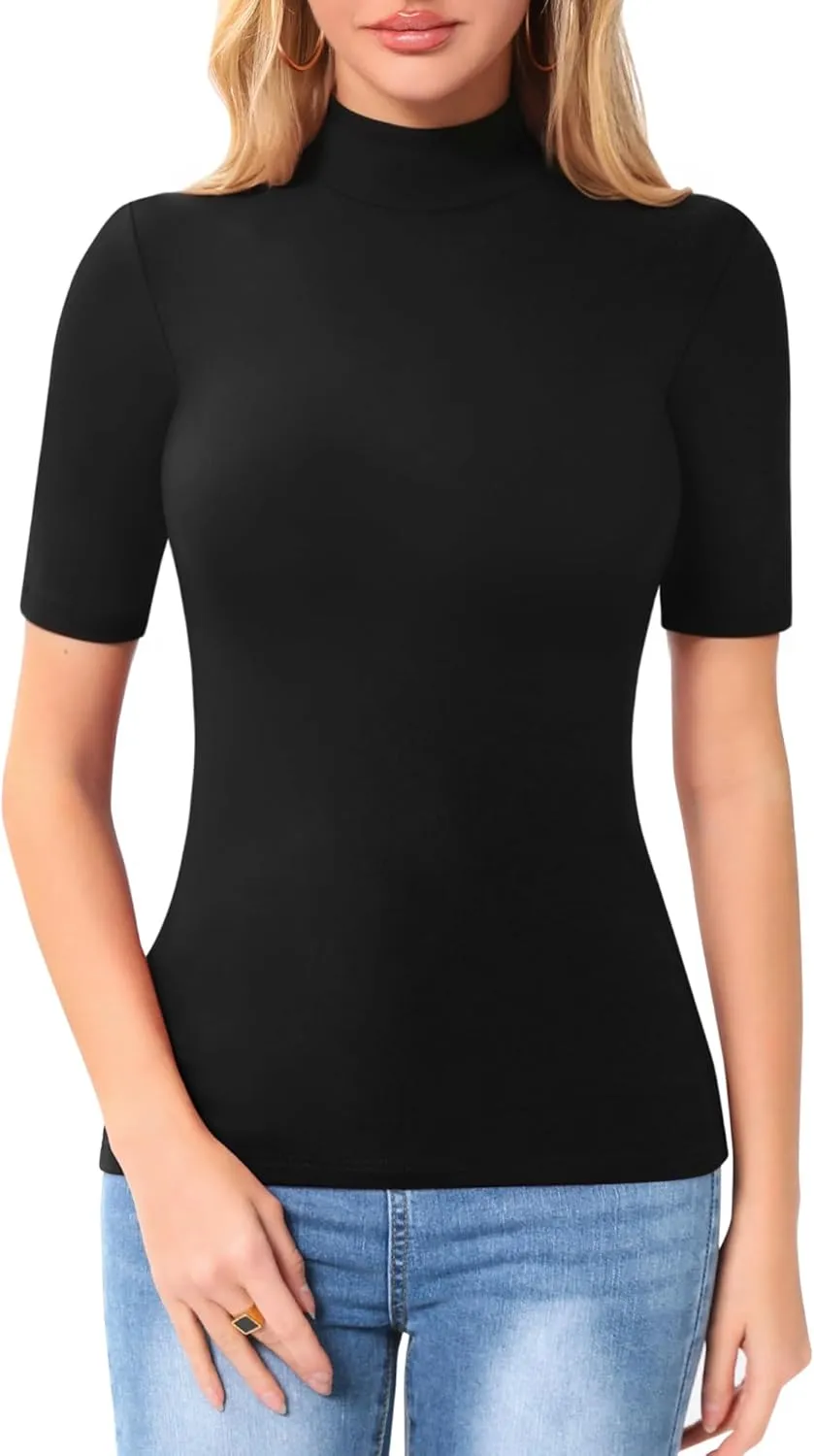 MANGOPOP Women's Mock Turtle Neck Slim Fit Half Elbow Short 3/4 Short Long Sleeve T Shirts Tight Tops Tee