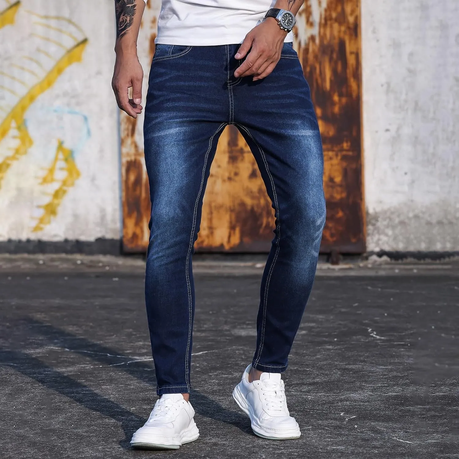 Means Jeans Comfort Stretch Denim Straight Leg Relaxed Fit Jeans for Men Flat Front Hidden Comfort Waistband Pant